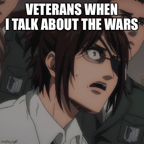 PTSD trigger | VETERANS WHEN I TALK ABOUT THE WARS | image tagged in hange zoe | made w/ Imgflip meme maker