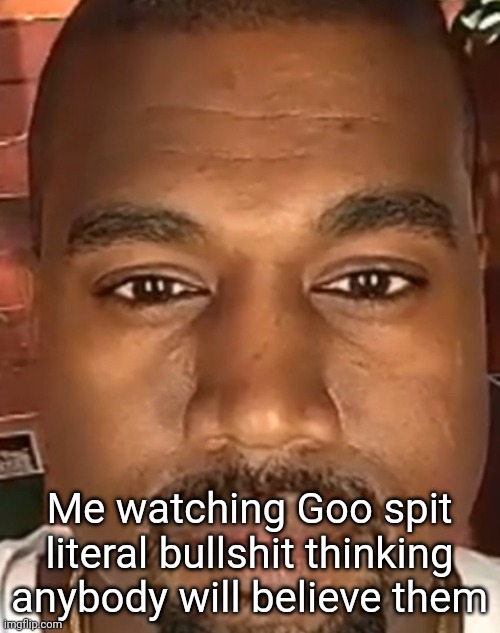 Kanye West Stare | Me watching Goo spit literal bullshit thinking anybody will believe them | image tagged in kanye west stare | made w/ Imgflip meme maker