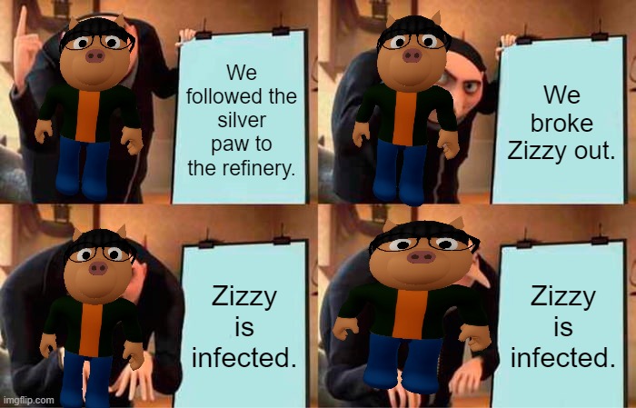 Refinery chapter in piggy be like- | We followed the silver paw to the refinery. We broke Zizzy out. Zizzy is infected. Zizzy is infected. | image tagged in memes,gru's plan | made w/ Imgflip meme maker