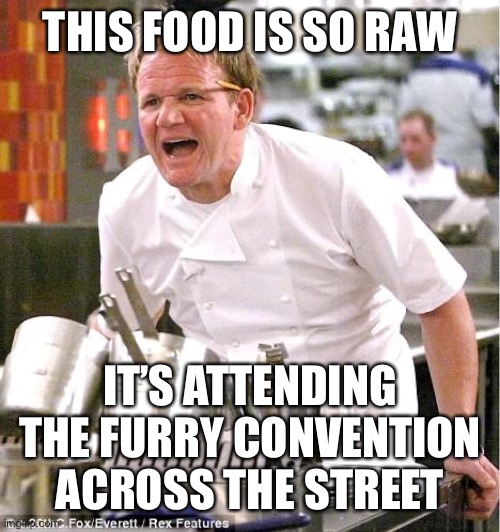 Chef Gordon Ramsay | THIS FOOD IS SO RAW; IT’S ATTENDING THE FURRY CONVENTION ACROSS THE STREET | image tagged in memes,chef gordon ramsay | made w/ Imgflip meme maker