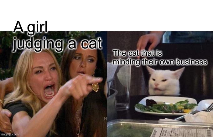 Woman Yelling At Cat Meme | A girl judging a cat; The cat that is minding their own business | image tagged in memes,woman yelling at cat | made w/ Imgflip meme maker