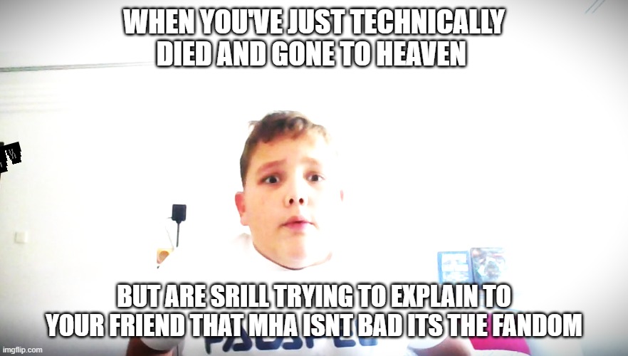 its true and i dont care | WHEN YOU'VE JUST TECHNICALLY DIED AND GONE TO HEAVEN; BUT ARE SRILL TRYING TO EXPLAIN TO YOUR FRIEND THAT MHA ISNT BAD ITS THE FANDOM | image tagged in funny memes,dead | made w/ Imgflip meme maker