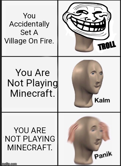 Whoops I Did It Again | You Accidentally Set A Village On Fire. TROLL; You Are Not Playing Minecraft. YOU ARE NOT PLAYING MINECRAFT. | image tagged in memes,panik kalm panik | made w/ Imgflip meme maker
