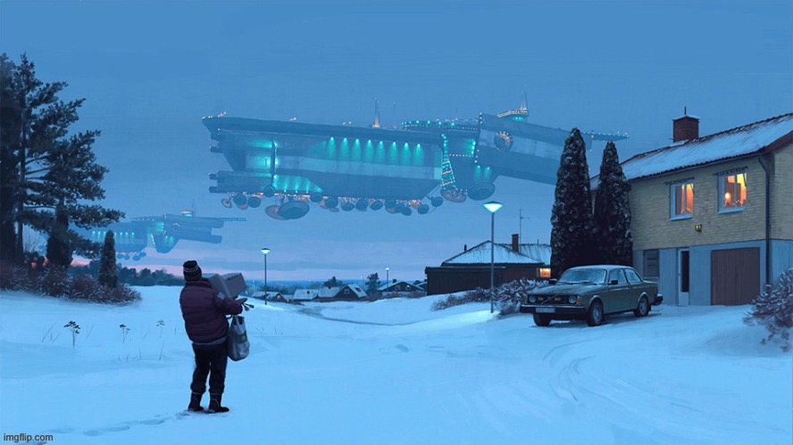 You’re going home from the store and you see these, wdyd? | image tagged in simon stalenhag | made w/ Imgflip meme maker