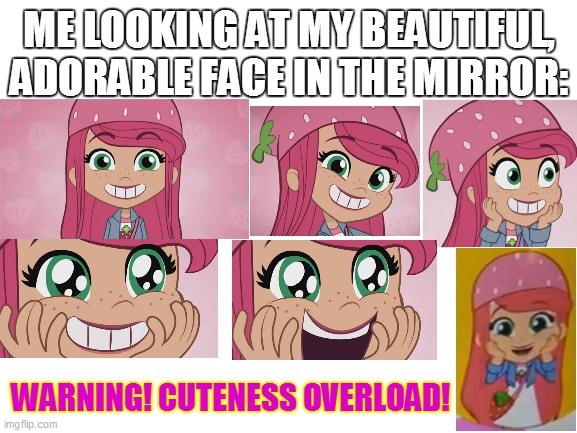 OMFG, she's fricking adorable! | ME LOOKING AT MY BEAUTIFUL, ADORABLE FACE IN THE MIRROR:; WARNING! CUTENESS OVERLOAD! | image tagged in strawberry shortcake,strawberry shortcake berry in the big city,memes,cute,cute girl,cuteness overload | made w/ Imgflip meme maker