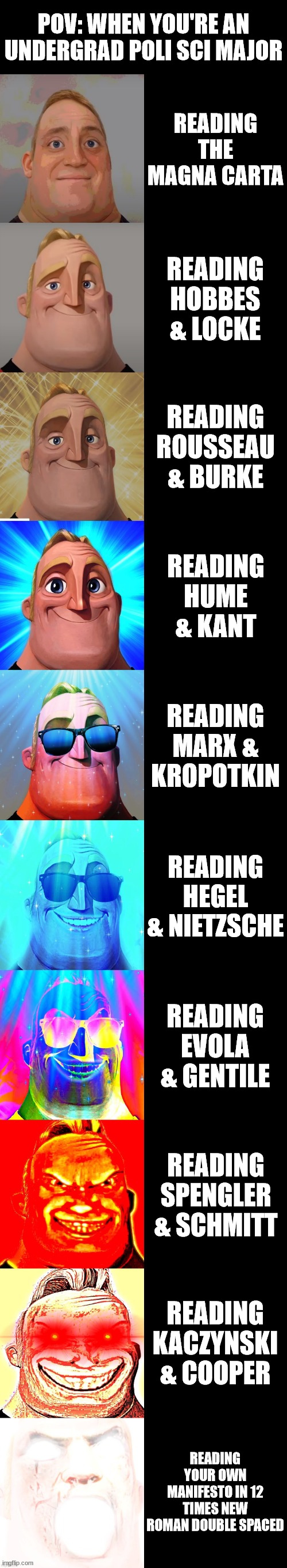 mr incredible becoming canny | POV: WHEN YOU'RE AN UNDERGRAD POLI SCI MAJOR; READING THE MAGNA CARTA; READING HOBBES & LOCKE; READING ROUSSEAU & BURKE; READING HUME & KANT; READING MARX & KROPOTKIN; READING HEGEL & NIETZSCHE; READING EVOLA & GENTILE; READING SPENGLER & SCHMITT; READING KACZYNSKI & COOPER; READING YOUR OWN MANIFESTO IN 12 TIMES NEW ROMAN DOUBLE SPACED | image tagged in mr incredible becoming canny | made w/ Imgflip meme maker