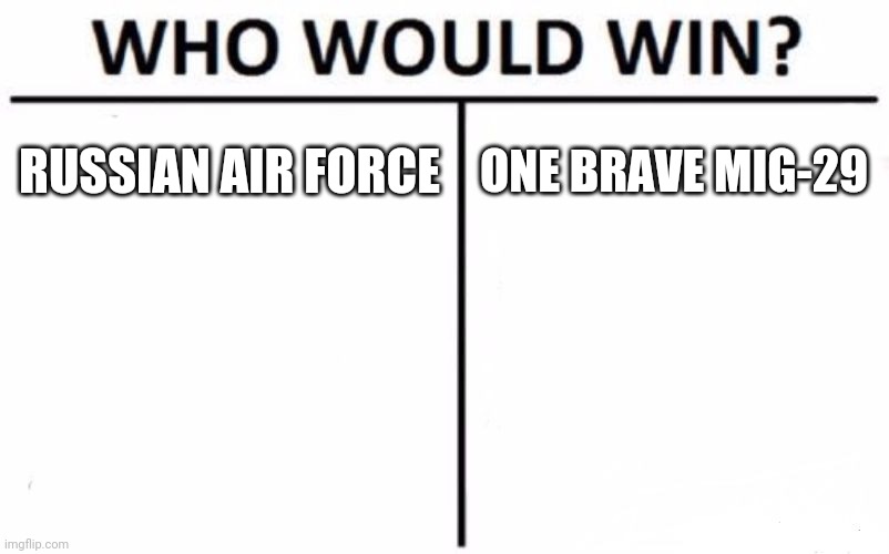 Who Would Win? | RUSSIAN AIR FORCE; ONE BRAVE MIG-29 | image tagged in memes,who would win | made w/ Imgflip meme maker