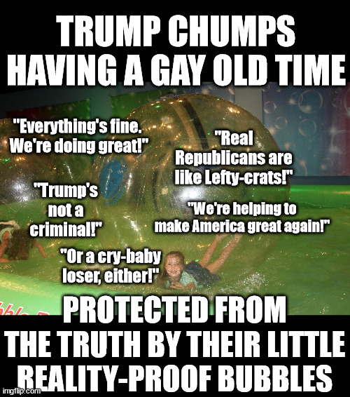 safe-from-reality | TRUMP CHUMPS HAVING A GAY OLD TIME; "Everything's fine.  We're doing great!"; "Real Republicans are like Lefty-crats!"; "Trump's not a criminal!"; "We're helping to make America great again!"; "Or a cry-baby loser, either!"; PROTECTED FROM THE TRUTH BY THEIR LITTLE REALITY-PROOF BUBBLES | image tagged in safe-from-reality | made w/ Imgflip meme maker