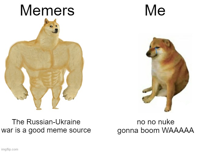 Buff Doge vs. Cheems | Memers; Me; The Russian-Ukraine war is a good meme source; no no nuke gonna boom WAAAAA | image tagged in russia,buff doge vs cheems,funny memes,ukraine,scared | made w/ Imgflip meme maker