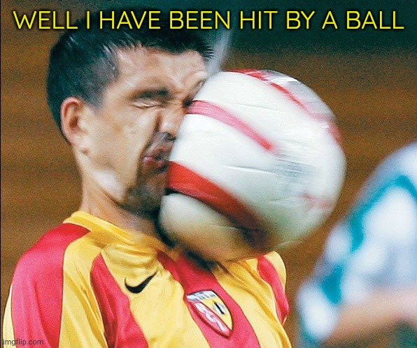 getting hit in the face by a soccer ball | WELL I HAVE BEEN HIT BY A BALL | image tagged in getting hit in the face by a soccer ball | made w/ Imgflip meme maker