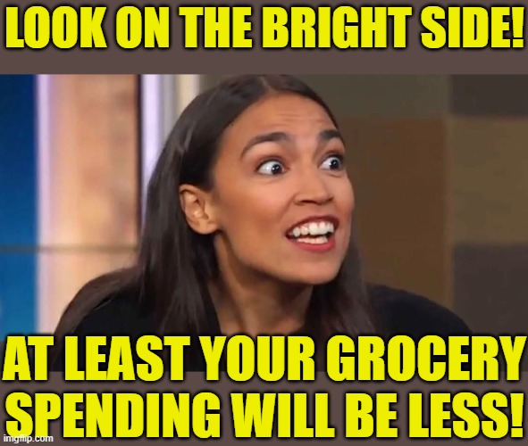 Crazy AOC | LOOK ON THE BRIGHT SIDE! AT LEAST YOUR GROCERY SPENDING WILL BE LESS! | image tagged in crazy aoc | made w/ Imgflip meme maker