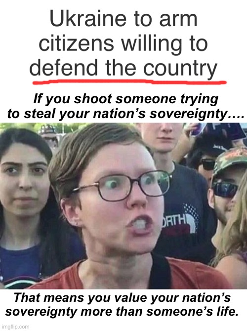 Defending things is selfishness to the progressive | If you shoot someone trying to steal your nation’s sovereignty…. That means you value your nation’s sovereignty more than someone’s life. | image tagged in triggered liberal,derp,meme,politics lol,liberal logic,stupid people | made w/ Imgflip meme maker