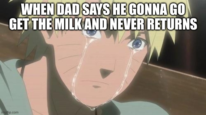 ;-; | WHEN DAD SAYS HE GONNA GO GET THE MILK AND NEVER RETURNS | image tagged in finishing anime,milk,dad,fuuny,memes | made w/ Imgflip meme maker