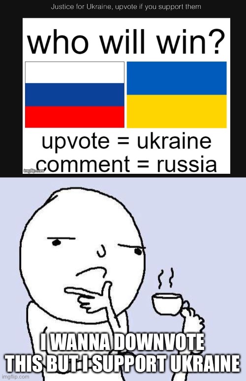 Ukraine | I WANNA DOWNVOTE THIS BUT I SUPPORT UKRAINE | image tagged in thinking meme,ww3,funny | made w/ Imgflip meme maker