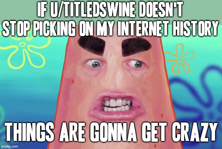 I'm not joking around ok stop it | IF U/TITLEDSWINE DOESN'T STOP PICKING ON MY INTERNET HISTORY; THINGS ARE GONNA GET CRAZY | image tagged in things are gonna get crazy patrick,memes,savage memes,reddit,scumbag redditor | made w/ Imgflip meme maker