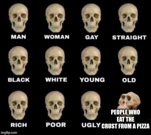 i do actully eat the crust | PEOPLE WHO EAT THE CRUST FROM A PIZZA | image tagged in idiot skull | made w/ Imgflip meme maker