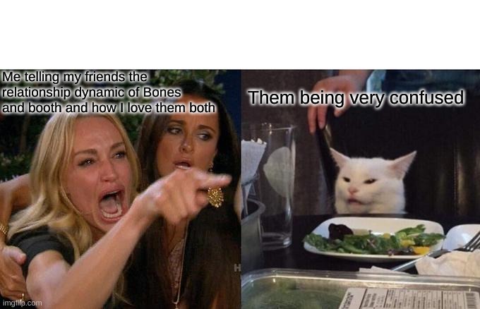 Kitty knows the facts | Me telling my friends the relationship dynamic of Bones and booth and how I love them both; Them being very confused | image tagged in memes,woman yelling at cat | made w/ Imgflip meme maker