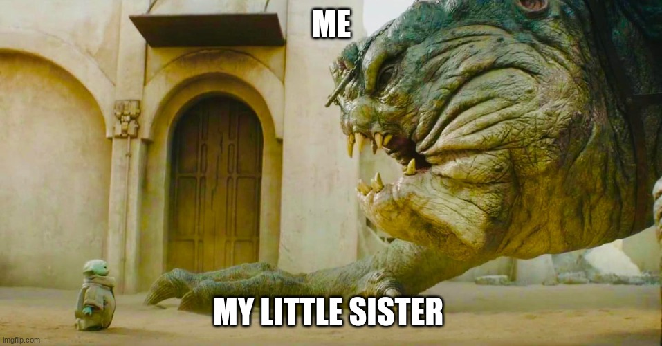 Grogu and Rancor | ME; MY LITTLE SISTER | image tagged in grogu and rancor | made w/ Imgflip meme maker