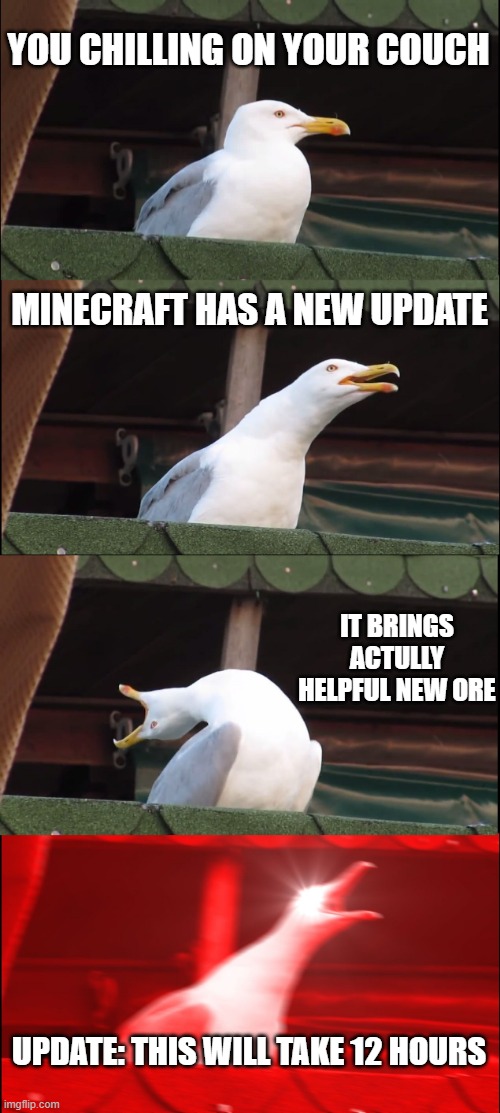 Minecraft updates be like |  YOU CHILLING ON YOUR COUCH; MINECRAFT HAS A NEW UPDATE; IT BRINGS ACTULLY HELPFUL NEW ORE; UPDATE: THIS WILL TAKE 12 HOURS | image tagged in memes,inhaling seagull | made w/ Imgflip meme maker