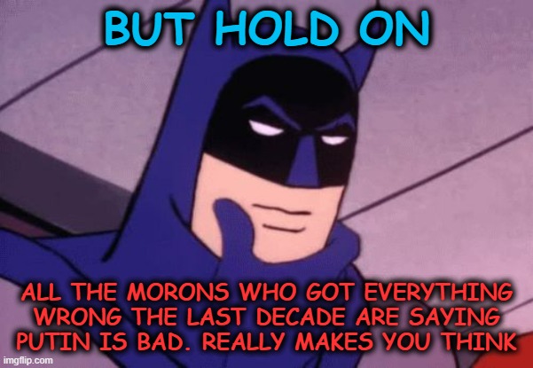 Batman Pondering | BUT HOLD ON ALL THE MORONS WHO GOT EVERYTHING WRONG THE LAST DECADE ARE SAYING PUTIN IS BAD. REALLY MAKES YOU THINK | image tagged in batman pondering | made w/ Imgflip meme maker