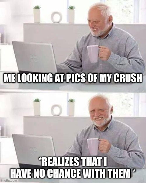 Hide the Pain Harold Meme | ME LOOKING AT PICS OF MY CRUSH; *REALIZES THAT I HAVE NO CHANCE WITH THEM * | image tagged in memes,hide the pain harold | made w/ Imgflip meme maker