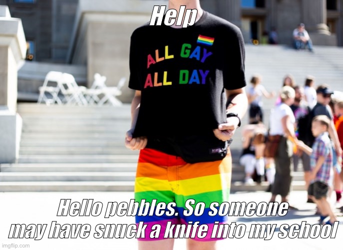 Gayness | Help; Hello pebbles. So someone may have snuck a knife into my school | image tagged in gayness | made w/ Imgflip meme maker