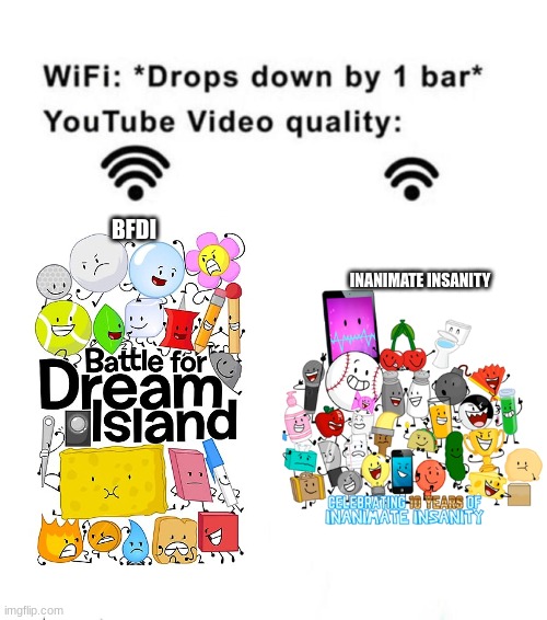bfdi to inanimate insanity | BFDI; INANIMATE INSANITY | image tagged in wifi drops by 1 bar,inanimate insanity,bfdi | made w/ Imgflip meme maker