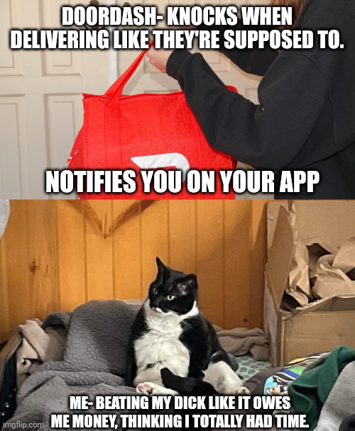 Doordash FTW | DOORDASH- KNOCKS WHEN DELIVERING LIKE THEY'RE SUPPOSED TO. NOTIFIES YOU ON YOUR APP; ME- BEATING MY DICK LIKE IT OWES ME MONEY, THINKING I TOTALLY HAD TIME. | image tagged in food memes,benny,doordashing,nsfw | made w/ Imgflip meme maker