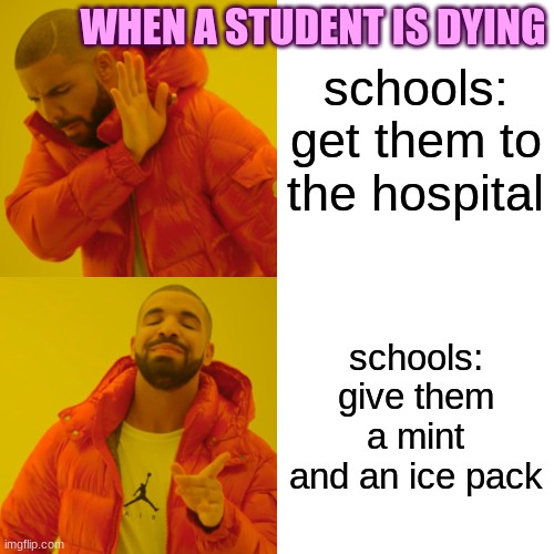 Drake Hotline Bling | WHEN A STUDENT IS DYING; schools: get them to the hospital; schools: give them a mint and an ice pack | image tagged in memes,drake hotline bling,facts | made w/ Imgflip meme maker