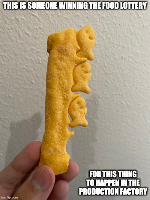Goldfish Lottery | THIS IS SOMEONE WINNING THE FOOD LOTTERY; FOR THIS THING TO HAPPEN IN THE PRODUCTION FACTORY | image tagged in food,memes | made w/ Imgflip meme maker