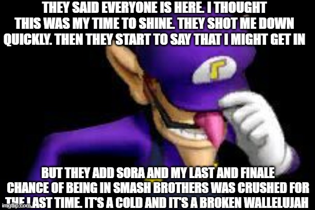 Waluigi will sadly never be joining the battle of smash brother's | THEY SAID EVERYONE IS HERE. I THOUGHT THIS WAS MY TIME TO SHINE. THEY SHOT ME DOWN QUICKLY. THEN THEY START TO SAY THAT I MIGHT GET IN; BUT THEY ADD SORA AND MY LAST AND FINALE CHANCE OF BEING IN SMASH BROTHERS WAS CRUSHED FOR THE LAST TIME. IT'S A COLD AND IT'S A BROKEN WALLELUJAH | image tagged in waluigi sad | made w/ Imgflip meme maker