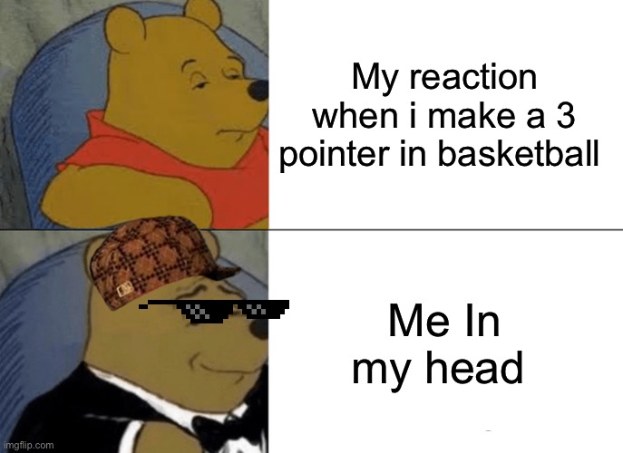 Tuxedo Winnie The Pooh Meme | My reaction when i make a 3 pointer in basketball; Me In my head | image tagged in memes,tuxedo winnie the pooh | made w/ Imgflip meme maker