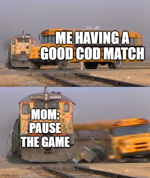 Good game in Cod be like |  ME HAVING A GOOD COD MATCH; MOM: PAUSE THE GAME | image tagged in a train hitting a school bus | made w/ Imgflip meme maker