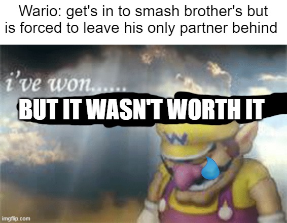 mario has luigi peach has daisy bowser has bowser jr Yoshi's have each other but wario i a got a no one | Wario: get's in to smash brother's but is forced to leave his only partner behind; BUT IT WASN'T WORTH IT | image tagged in i've won but at what cost | made w/ Imgflip meme maker