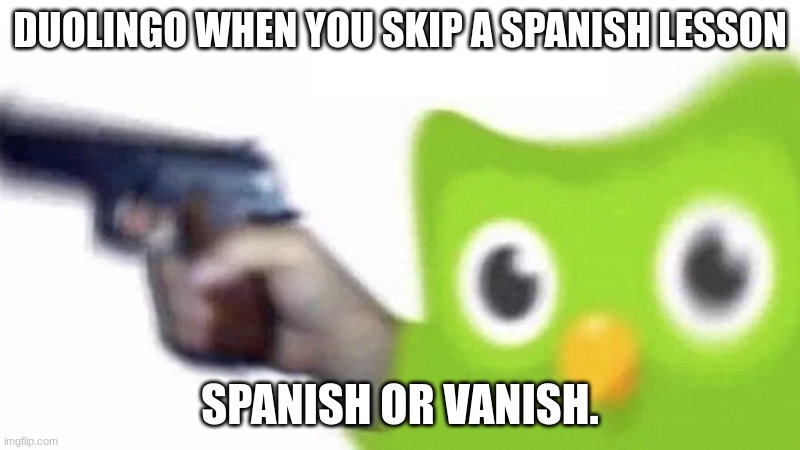 duolingo gun |  DUOLINGO WHEN YOU SKIP A SPANISH LESSON; SPANISH OR VANISH. | image tagged in duolingo gun | made w/ Imgflip meme maker