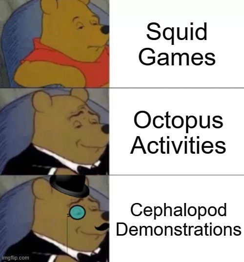 oooo | Squid Games; Octopus Activities; Cephalopod Demonstrations | image tagged in fancy pooh | made w/ Imgflip meme maker