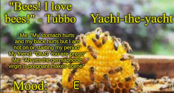Yachi's bees temp | Me: "My stomach hurts and my back hurts but I am not on or starting my period"
My friend: "OMG You are prego"
Me: "Ah yes the germaphobic virgin is pregnant makes scene"; E | image tagged in yachi's bees temp | made w/ Imgflip meme maker
