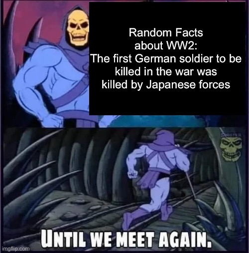 Until we meet again. | Random Facts about WW2:
The first German soldier to be killed in the war was killed by Japanese forces | image tagged in until we meet again | made w/ Imgflip meme maker