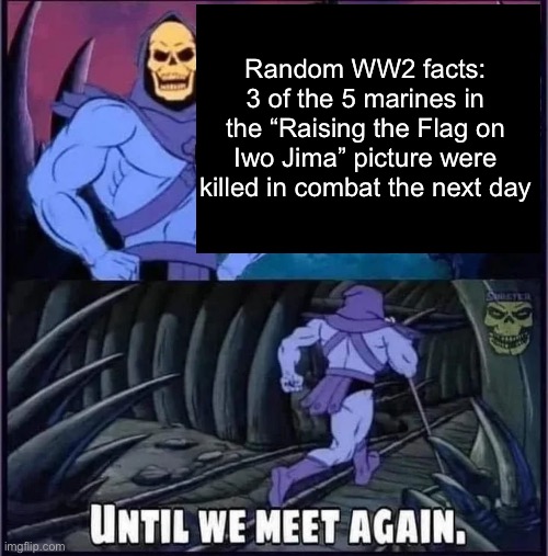 Until we meet again. | Random WW2 facts:
3 of the 5 marines in the “Raising the Flag on Iwo Jima” picture were killed in combat the next day | image tagged in until we meet again | made w/ Imgflip meme maker
