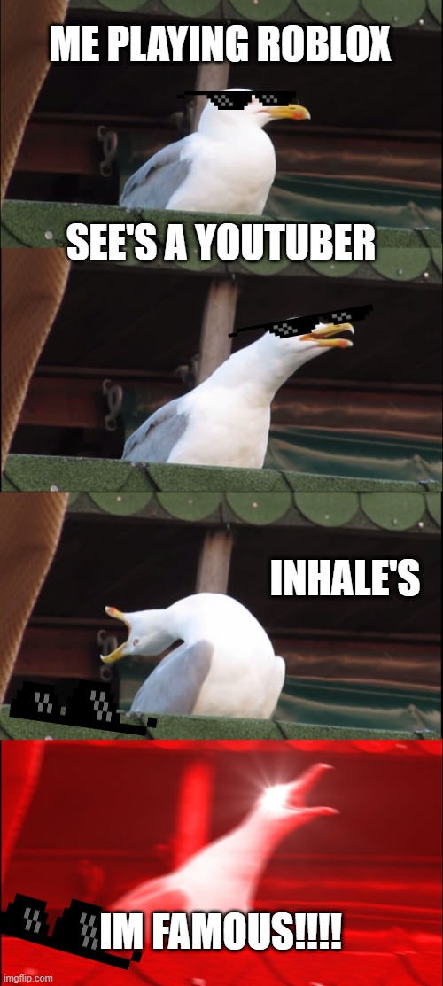 Inhaling Seagull | ME PLAYING ROBLOX; SEE'S A YOUTUBER; INHALE'S; IM FAMOUS!!!! | image tagged in memes,inhaling seagull | made w/ Imgflip meme maker