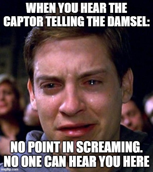 crying peter parker | WHEN YOU HEAR THE CAPTOR TELLING THE DAMSEL:; NO POINT IN SCREAMING. NO ONE CAN HEAR YOU HERE | image tagged in crying peter parker | made w/ Imgflip meme maker