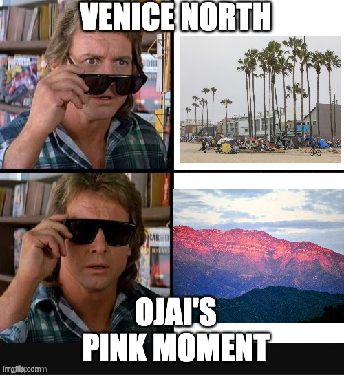 Ojai = Venice North | VENICE NORTH; OJAI'S PINK MOMENT | image tagged in they live roddy piper sunglasses 1 | made w/ Imgflip meme maker