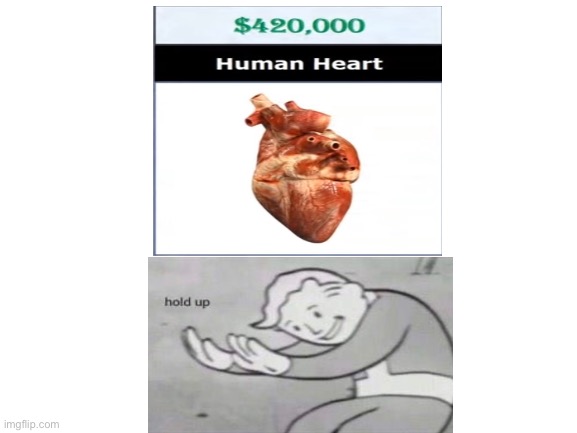 Does this mean every human is worth $420K? | image tagged in hold up,memes,funny,heart,wait what,fallout hold up | made w/ Imgflip meme maker