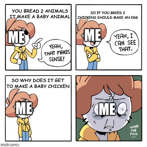 hmmmmmmmmmmmmmmmmmmm | SO IF YOU BREED 2 CHICKENS SHOULD MAKE AN EGG; YOU BREAD 2 ANIMALS IT MAKE A BABY ANIMAL; ME; ME; SO WHY DOES IT GET TO MAKE A BABY CHICKEN; ME; ME | image tagged in yeah that makes sense | made w/ Imgflip meme maker