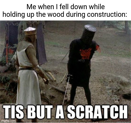 Construction | Me when I fell down while holding up the wood during construction: | image tagged in tis but a scratch,comment section,comments,comment,memes,construction | made w/ Imgflip meme maker