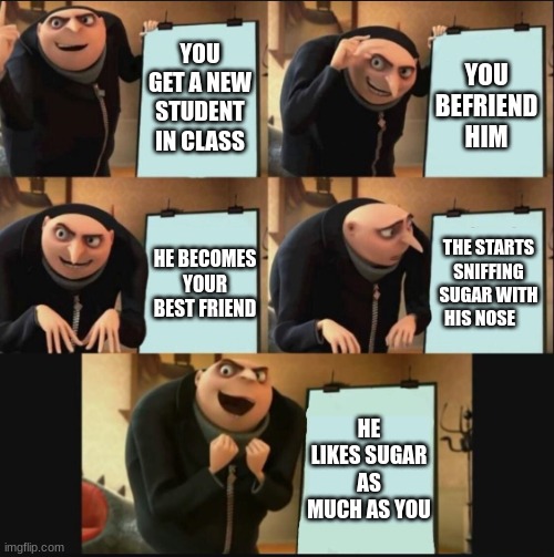 yea ben bagel shamula shamula kalibaya | YOU GET A NEW STUDENT IN CLASS; YOU BEFRIEND HIM; THE STARTS SNIFFING SUGAR WITH HIS NOSE; HE BECOMES YOUR BEST FRIEND; HE LIKES SUGAR AS MUCH AS YOU | image tagged in 5 panel gru meme | made w/ Imgflip meme maker