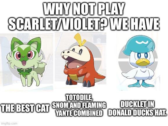 *snickers* donald ducklet. | WHY NOT PLAY SCARLET/VIOLET? WE HAVE; TOTODILE, SNOM AND FLAMING YANTE COMBINED; THE BEST CAT; DUCKLET IN DONALD DUCKS HAT. | image tagged in blank white template | made w/ Imgflip meme maker