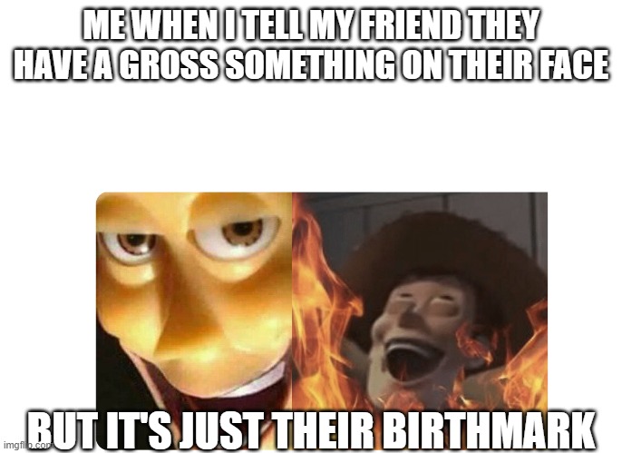 Satanic Woody | ME WHEN I TELL MY FRIEND THEY HAVE A GROSS SOMETHING ON THEIR FACE; BUT IT'S JUST THEIR BIRTHMARK | image tagged in satanic woody | made w/ Imgflip meme maker