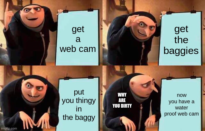 Gru's Plan Meme | get a web cam; get the baggies; put you thingy in the baggy; now you have a water proof web cam; WHY ARE YOU DIRTY | image tagged in memes,gru's plan | made w/ Imgflip meme maker