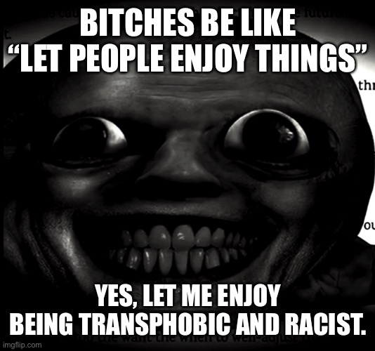 (owner note: I will let you enjoy them as long as nothing goes wrong) | BITCHES BE LIKE “LET PEOPLE ENJOY THINGS”; YES, LET ME ENJOY BEING TRANSPHOBIC AND RACIST. | image tagged in vivo en tus paredes | made w/ Imgflip meme maker
